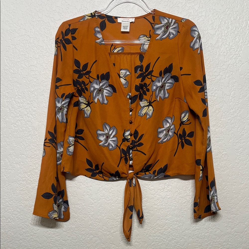 URBAN Romantics Women’s Medium Burnt Orange Floral Tie-Front Blouse
